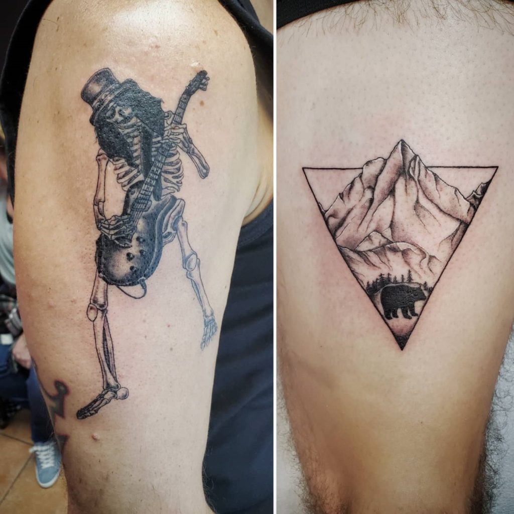 Slash skeleton and geometric mountain tattoo