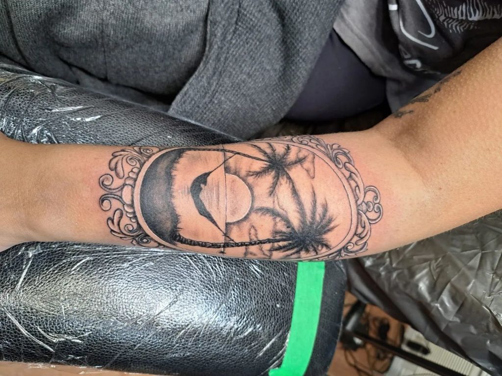 Beach, palm trees, filigree, picture frame tattoo