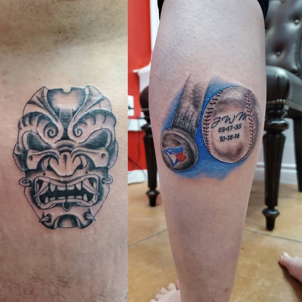 Hannya mask and Blue Jays basball tattoo
