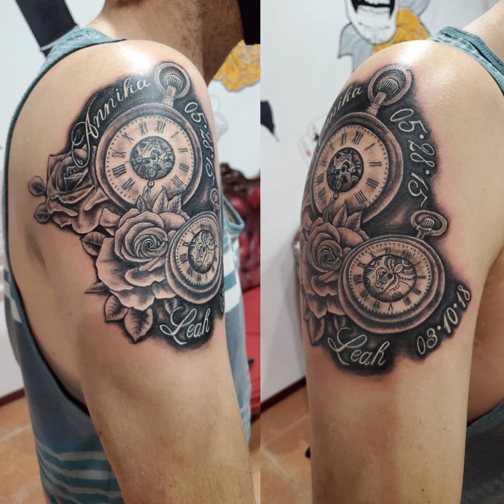 Pocketwatch, roses and script/names tattoo